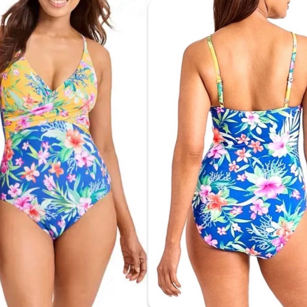 NWT Tommy BAHAMA Pearl Underwire Twist-Front One-Piece Swimsuit Palace Blue 16